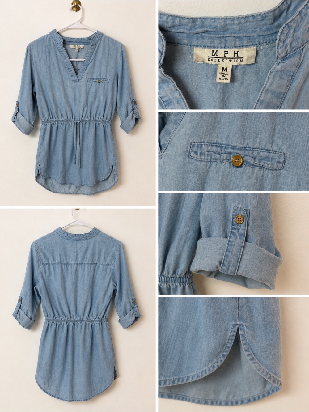 MPH Collection Chambray Tunic Dress Size Medium Light Wash Drawstring Waist